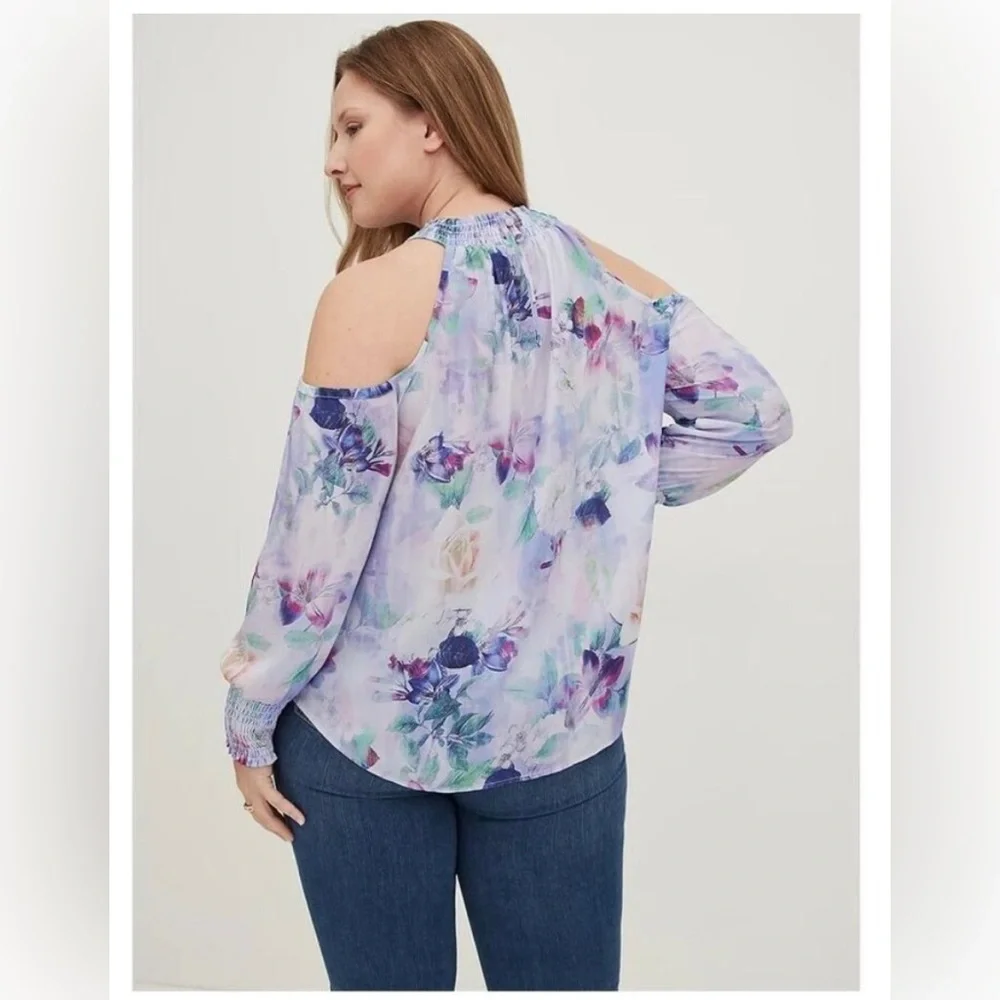 Georgette Smocked Neck Cold Shoulder Blouse - Picture 3 of 4